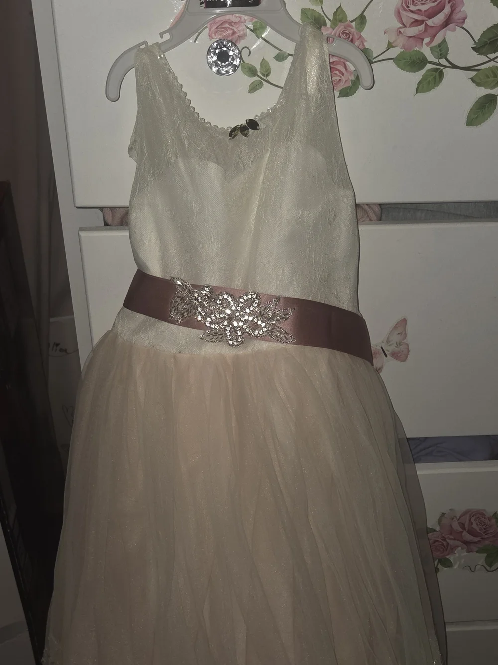 Ivory & Blush Tulle Flower Girl Dress with Rhinestone Sash